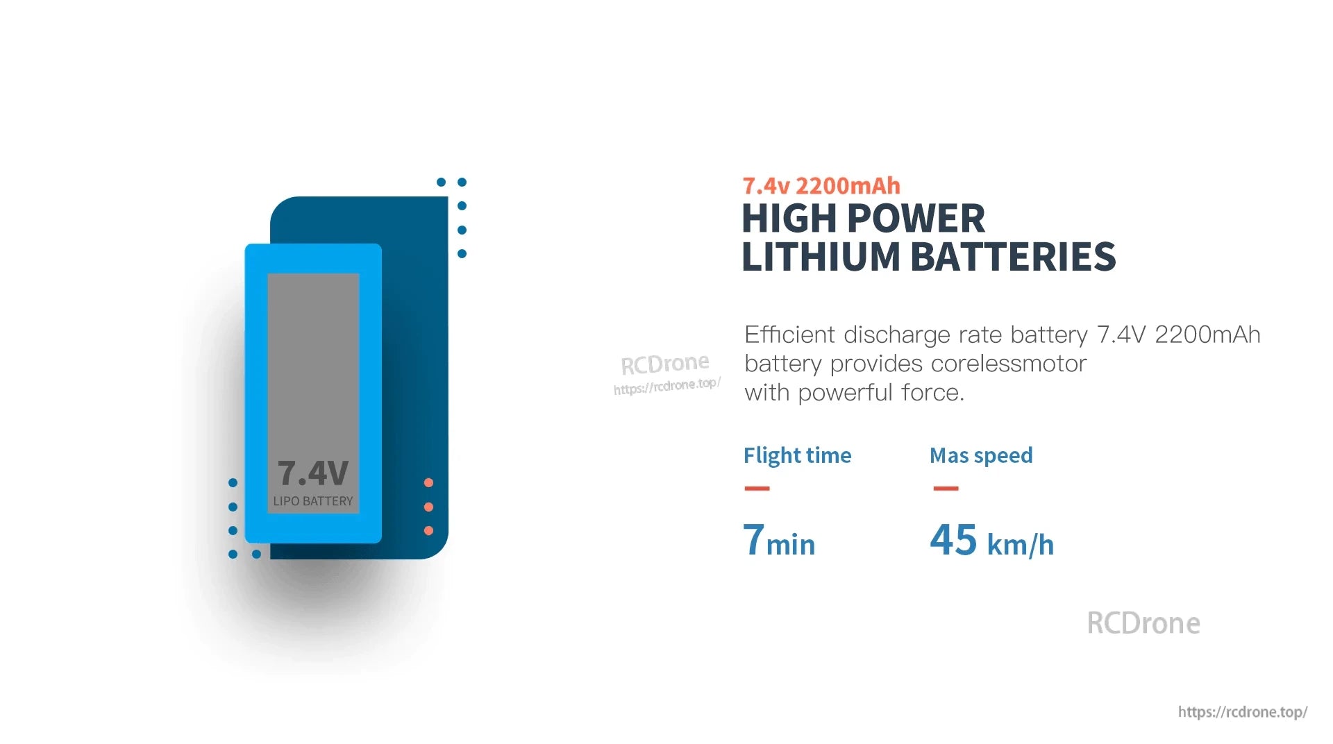 Wltoys 104001 RC Car, 7.4V 2200mAh lithium battery offers 7-minute flight time, 45 km/h max speed, and efficient discharge for strong motor performance.