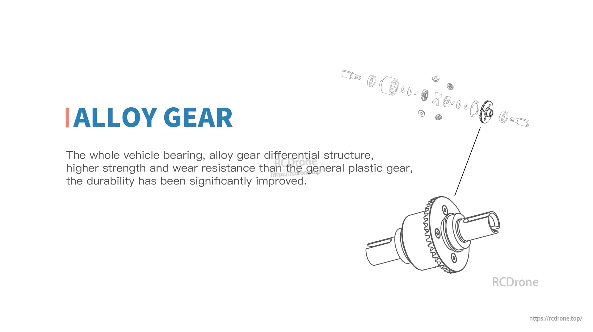 Wltoys 104001 RC Car, Alloy gear enhances strength, wear resistance, and durability.