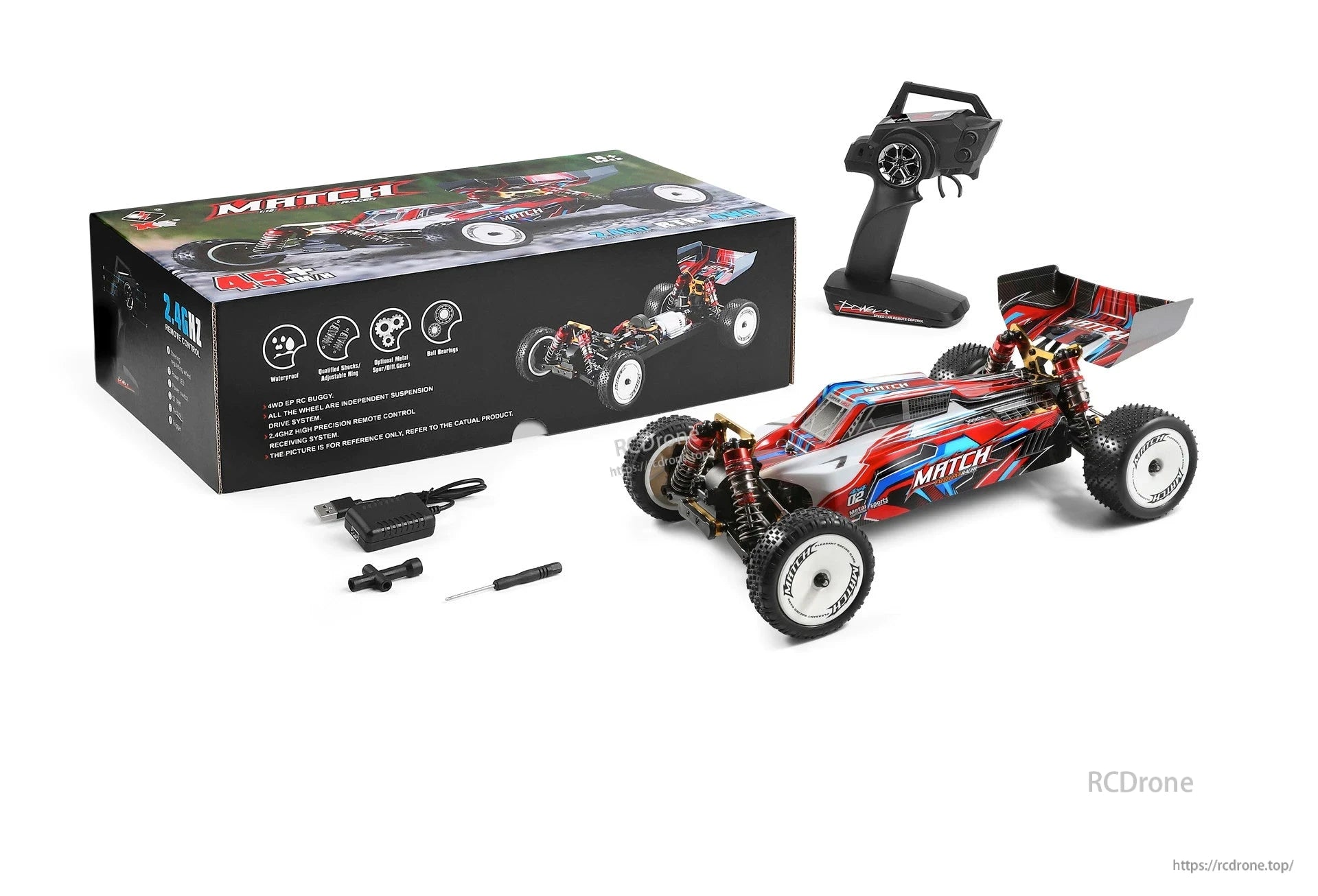 Wltoys 104001 RC Car, Wltoys 104001 RC buggy features 2.4GHz remote, 4WD, waterproof design, adjustable suspension, and high-precision control. Comes with charger, screwdriver, controller, off-road tires, and striking red/blue styling.