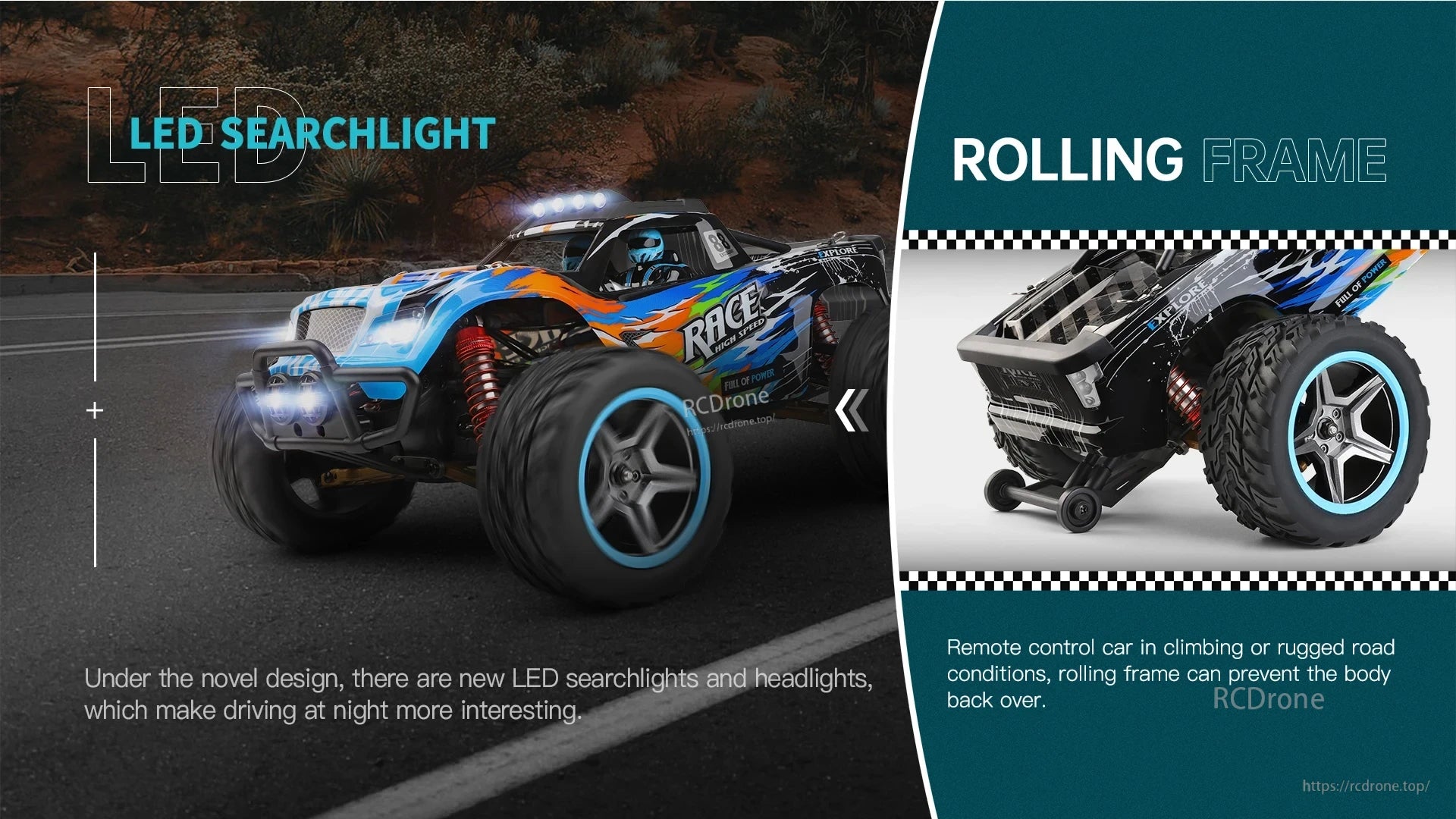 Wltoys 104019 1/10 2.4GHz 4WD Brushless RC Car, LED searchlights improve night driving. Rolling frame prevents rollovers. High-speed performance and durable design for off-road use.