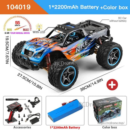 Wltoys 104019 1/10 2.4GHz 4WD Brushless RC Car, Wltoys 1/10 scale 2.4GHz 4WD brushless RC car with 55km/h speed, metal gears, LED lights, 3660 motor, 2200mAh battery, black-blue design, dimensions 38x27.5x19.5cm.
