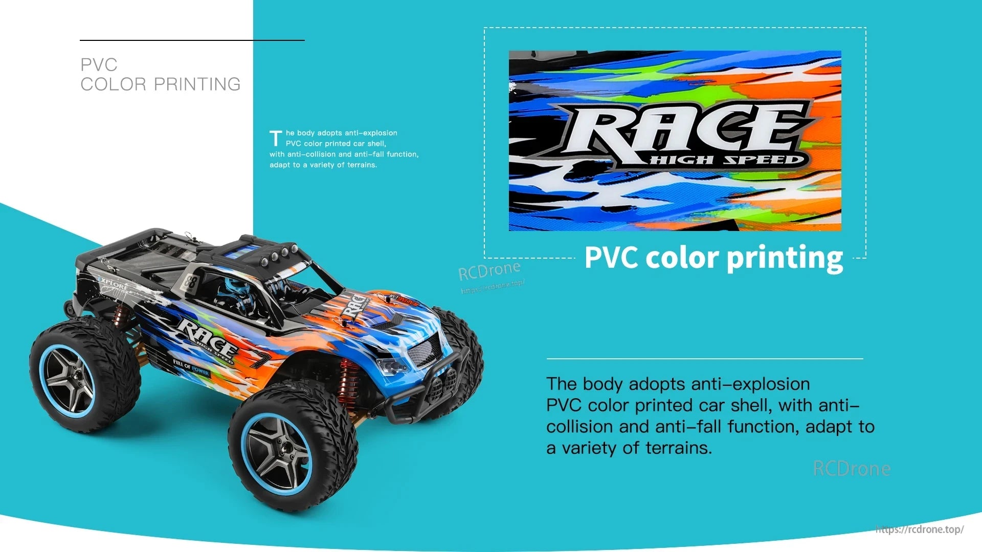 Wltoys 104019 1/10 2.4GHz 4WD Brushless RC Car, Color printing on the RC car's PVC body enhances durability with anti-explosion, anti-collision, and anti-fall features, providing high-speed performance and rugged reliability on various terrains.