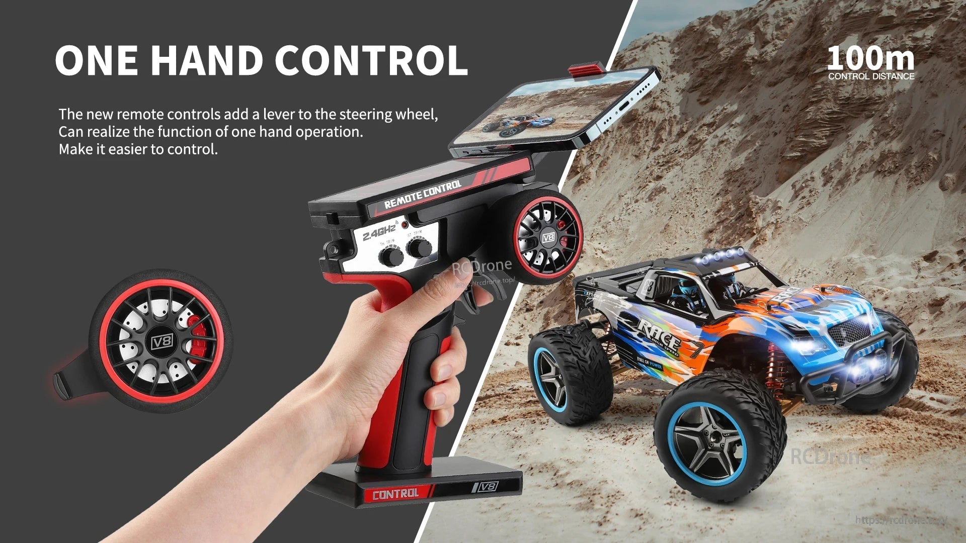 Wltoys 104019 1/10 2.4GHz 4WD Brushless RC Car, One-hand V8 remote controls RC car via 2.4GHz up to 100m; features steering wheel lever for easy operation on rugged terrain.