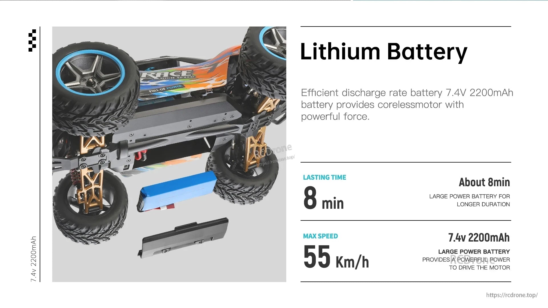 Wltoys 104019 1/10 2.4GHz 4WD Brushless RC Car, Lithium battery (7.4V 2200mAh) powers coreless motor for 55 km/h speed and 8-minute runtime. RC car features durable tires, gold suspension, sleek orange-and-blue design.
