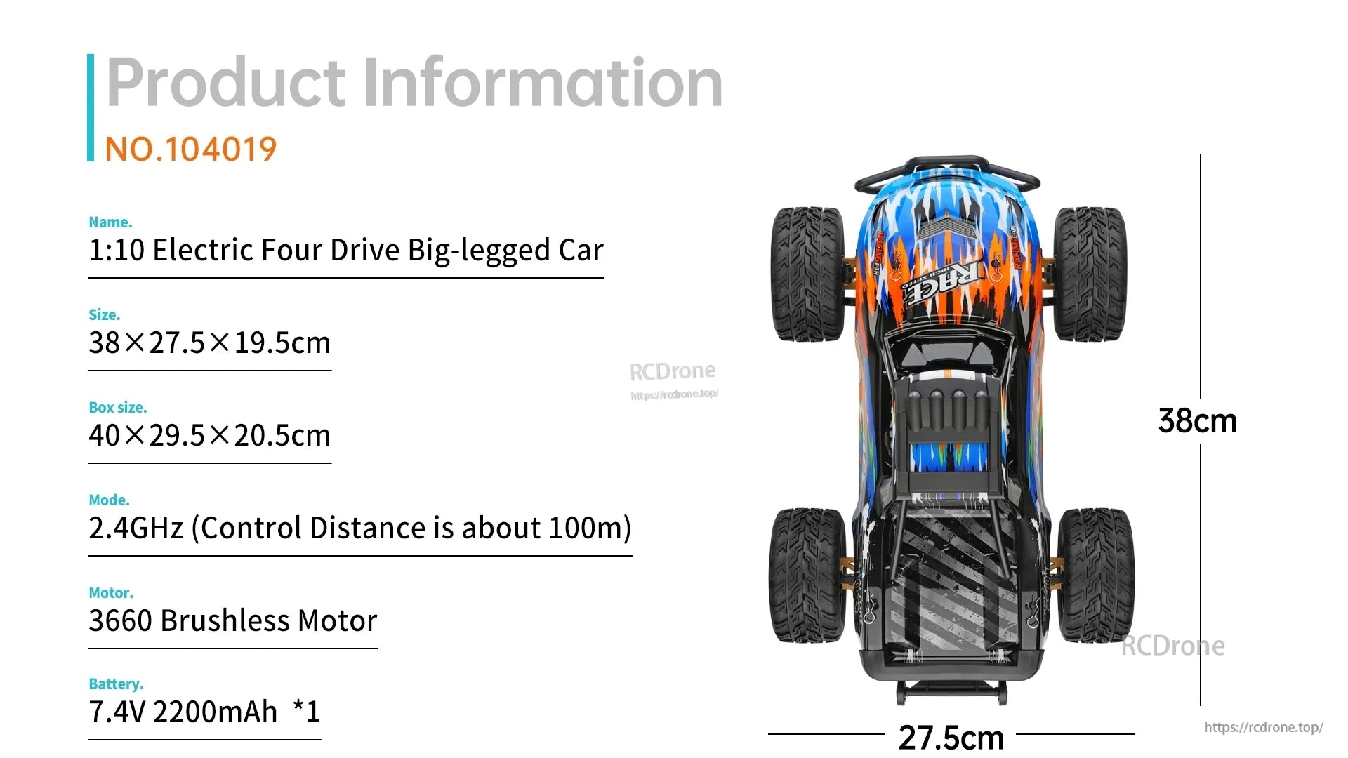 Wltoys 104019 1/10 2.4GHz 4WD Brushless RC Car, 1:10 electric 4WD RC car with 2.4GHz, 100m range, brushless motor, 7.4V battery, and dimensions 38×27.5×19.5cm.