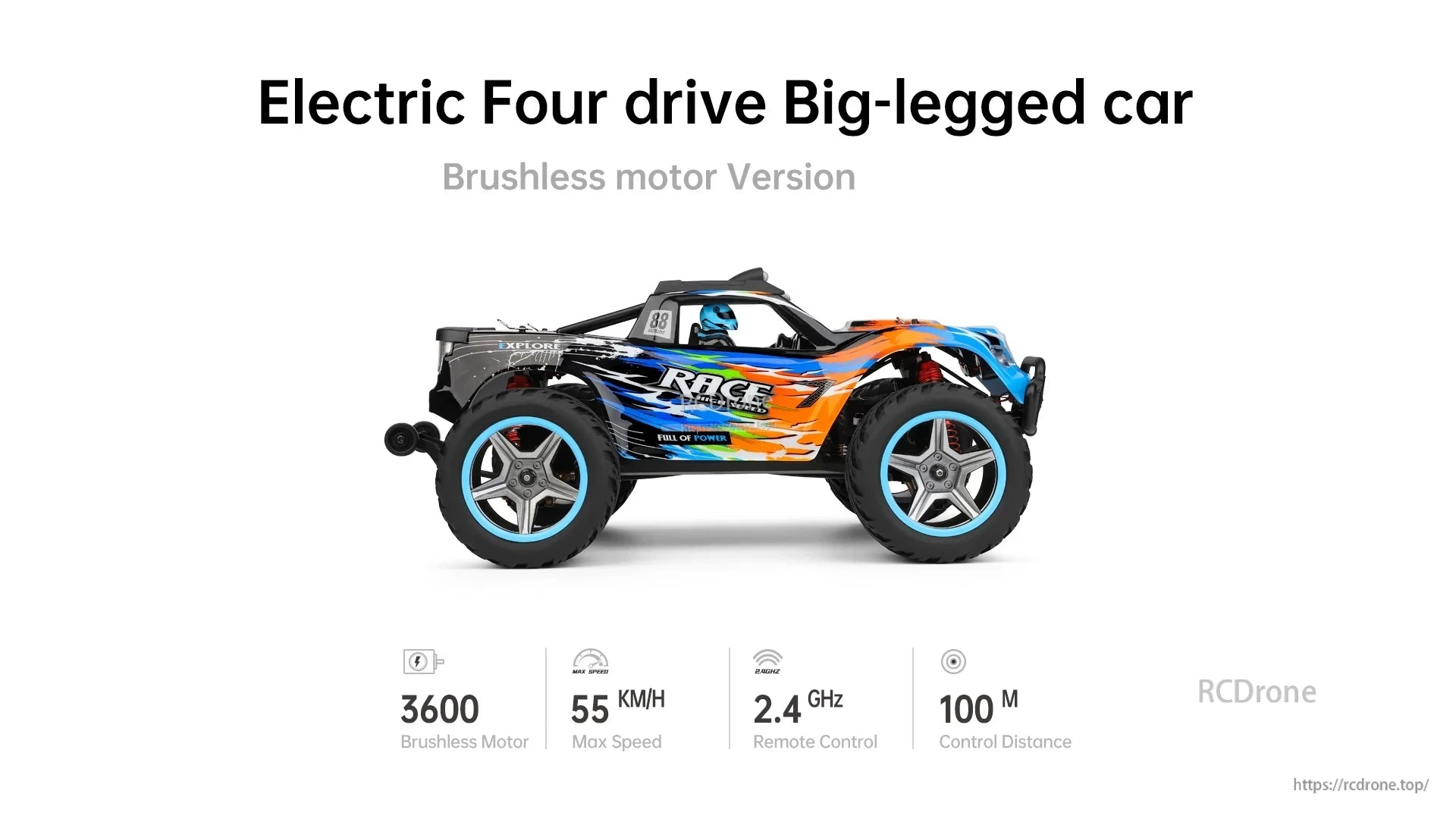 Wltoys 104019 1/10 2.4GHz 4WD Brushless RC Car, Electric 4WD RC car with brushless motor, 55 km/h speed, 2.4 GHz remote, 100m range, 3600 RPM motor.