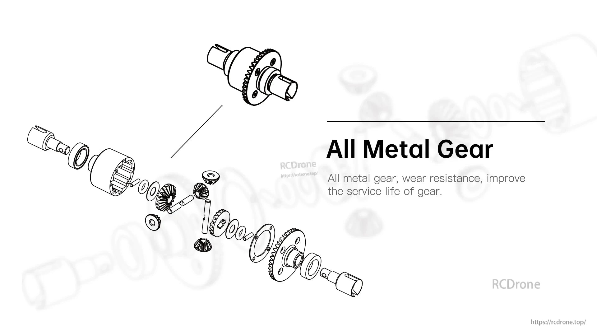 Wltoys 104019 1/10 2.4GHz 4WD Brushless RC Car, All Metal Gear: durable, wear-resistant, extends gear service life.