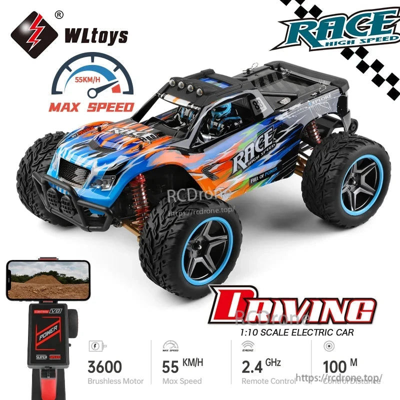 Wltoys 104019 1/10 2.4GHz 4WD Brushless RC Car, WLtoys 1:10 scale electric RC car with 2.4GHz, 55KM/H speed, brushless motor, metal gears, 4WD off-road, black/blue design, high-speed racing.