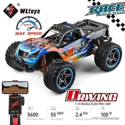 Wltoys 104019 1/10 2.4GHz 4WD Brushless RC Car, WLtoys 1:10 scale electric RC car with 2.4GHz, 55KM/H speed, brushless motor, metal gears, 4WD off-road, black/blue design, high-speed racing.