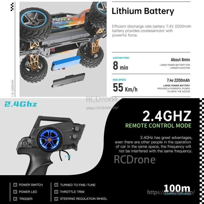 Wltoys 104019 1/10 2.4GHz 4WD Brushless RC Car, Lithium battery (7.4V, 2200mAh) lasts 8 minutes, reaches 55 km/h. 2.4GHz remote with 100m range, anti-interference. Includes power switch, LED, trigger, throttle trim, steering wheel.