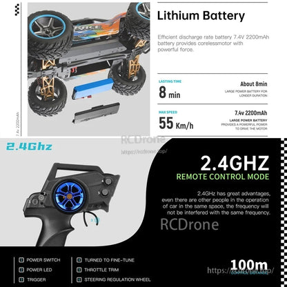 Wltoys 104019 1/10 2.4GHz 4WD Brushless RC Car, Lithium battery (7.4V, 2200mAh) lasts 8 minutes, reaches 55 km/h. 2.4GHz remote with 100m range, anti-interference. Includes power switch, LED, trigger, throttle trim, steering wheel.