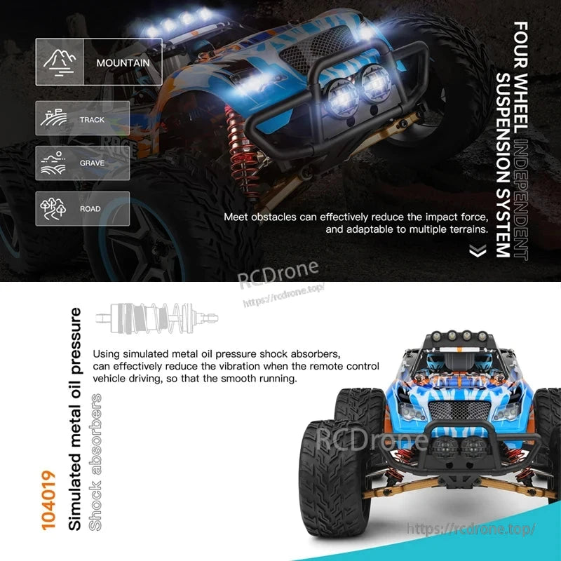 Wltoys 104019 1/10 2.4GHz 4WD Brushless RC Car, The Wltoys 104019 is a high-speed, 4WD brushless RC car with metal gears, advanced suspension, and off-road adaptability.