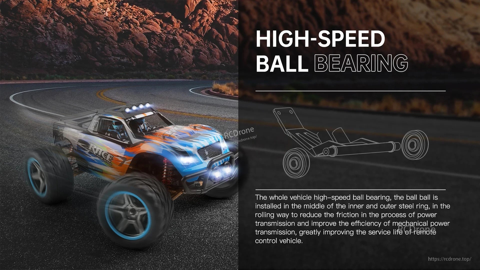 Wltoys 104019 1/10 2.4GHz 4WD Brushless RC Car, A high-speed ball bearing improves efficiency, reduces friction, and extends the lifespan of the 1/10 2.4GHz 4WD brushless RC car.