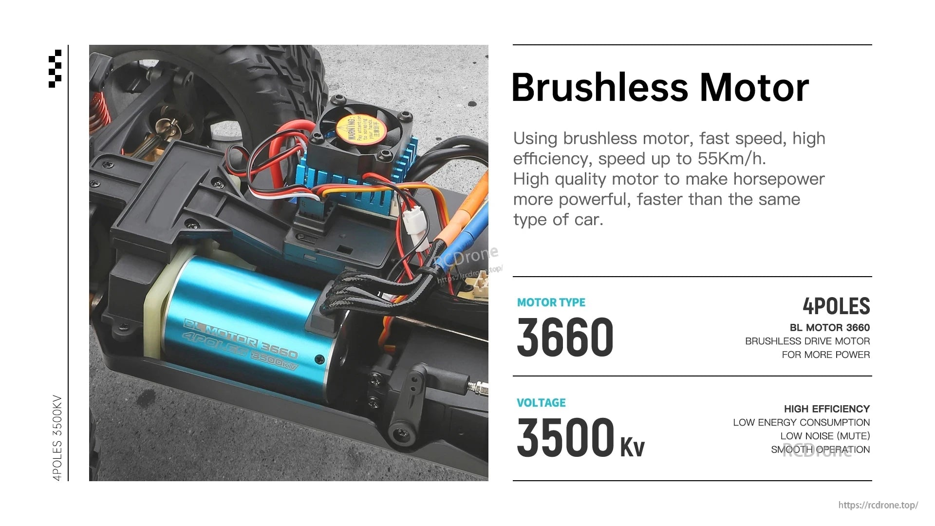 Wltoys 104019 1/10 2.4GHz 4WD Brushless RC Car, Brushless 3660 motor, 4 poles, 3500KV, high efficiency, low noise, smooth operation, up to 55Km/h speed. Ideal for powerful, energy-efficient RC car performance.