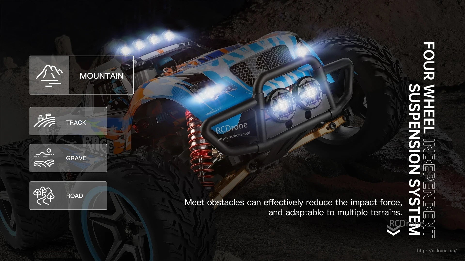 Wltoys 104019 1/10 2.4GHz 4WD Brushless RC Car, Four-wheel independent suspension adapts to mountain, track, gravel, and road terrains.