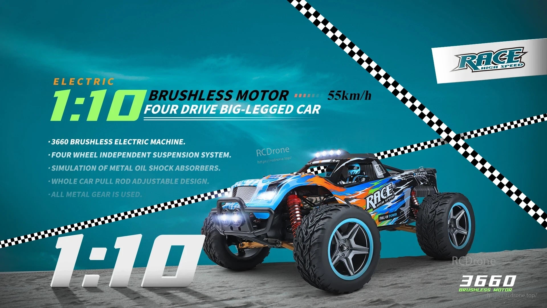 Wltoys 104019 1/10 2.4GHz 4WD Brushless RC Car, Electric RC car with 3660 brushless motor, 4WD, 55km/h speed. Features independent suspension, metal oil shocks, adjustable pull rod, all-metal gears. Brand: Race High Speed.