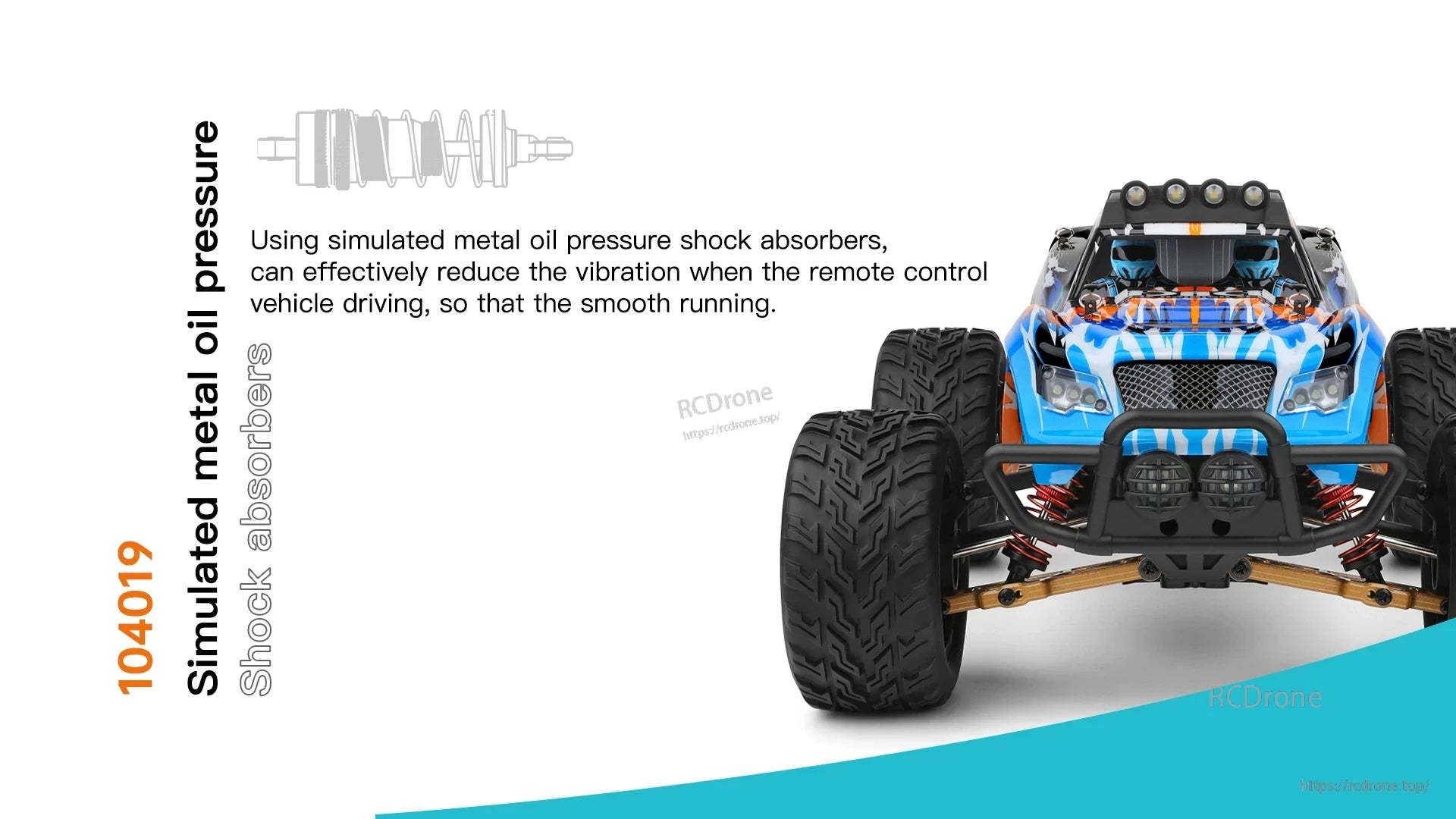 Wltoys 104019 1/10 2.4GHz 4WD Brushless RC Car, Simulated metal oil pressure shock absorbers reduce vibration for smooth RC car driving.