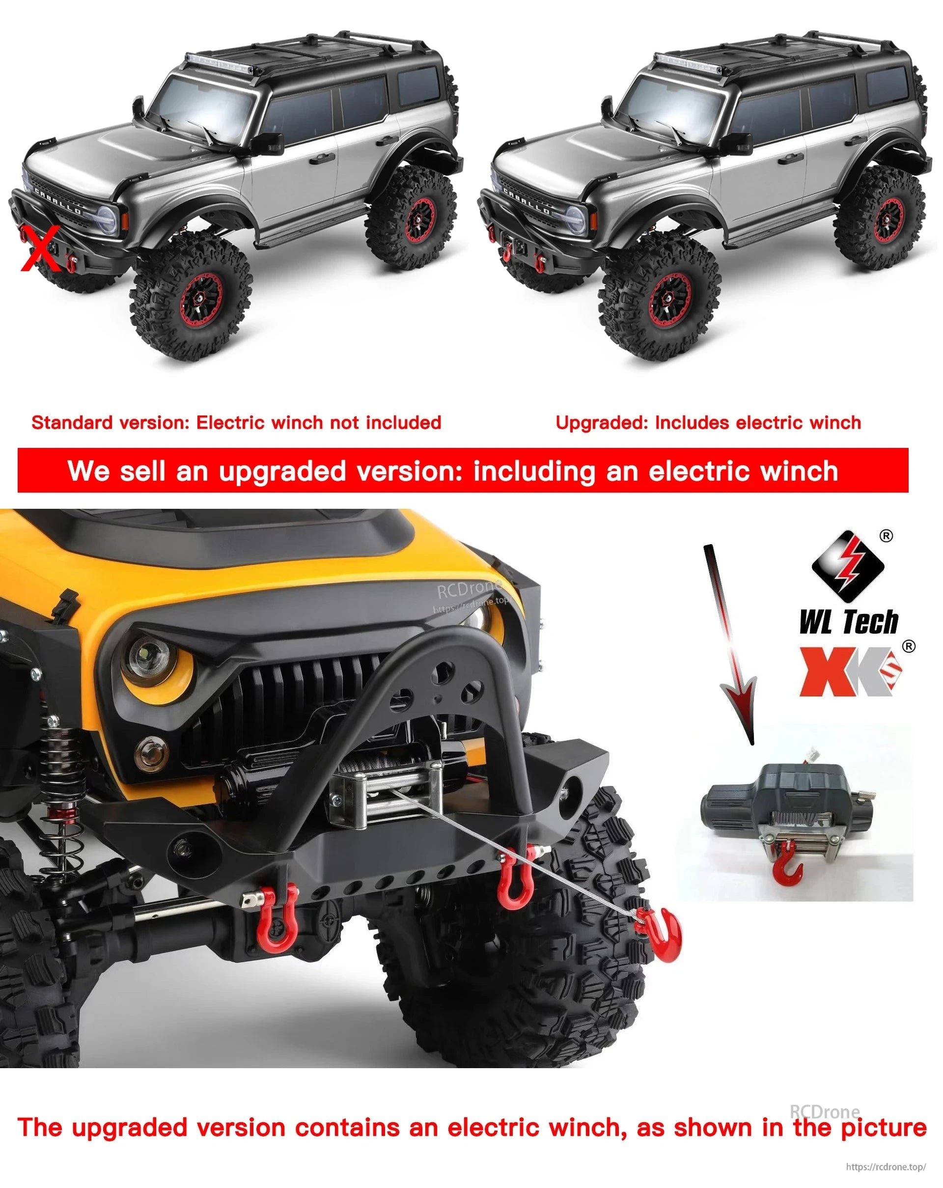 WLtoys 104020 Rc Car, Upgraded WL Tech XK RC car includes electric winch; standard version does not. Winch enhances functionality for off-road recovery and towing tasks.