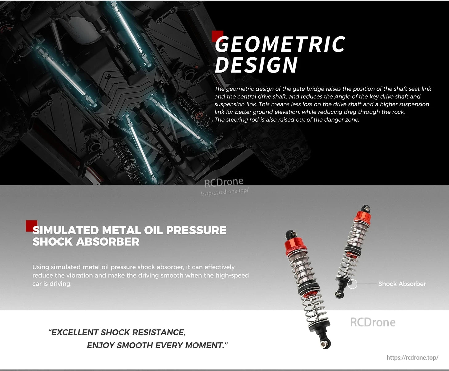 WLtoys 104020 Rc Car, Geometric design improves clearance and reduces drag; simulated metal shock absorbers minimize vibration, ensuring excellent shock resistance and a smooth, high-speed ride.