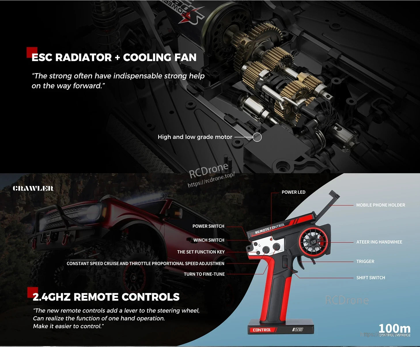 WLtoys 104020 Rc Car, Drone features ESC radiator, cooling fan, high-grade motor, 2.4GHz remote with one-hand control, LED, winch, shift switches, and 100m range.