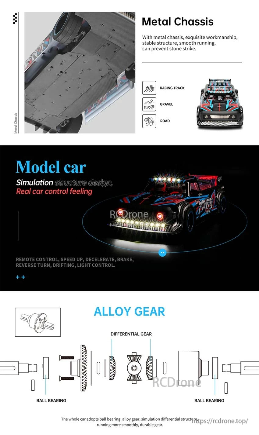Wltoys 104072 1/10 4WD RC Drift Car, Durable drone with metal chassis, alloy gears, and realistic car controls. Features remote control, speed adjustment, braking, reverse, drifting, and lights.