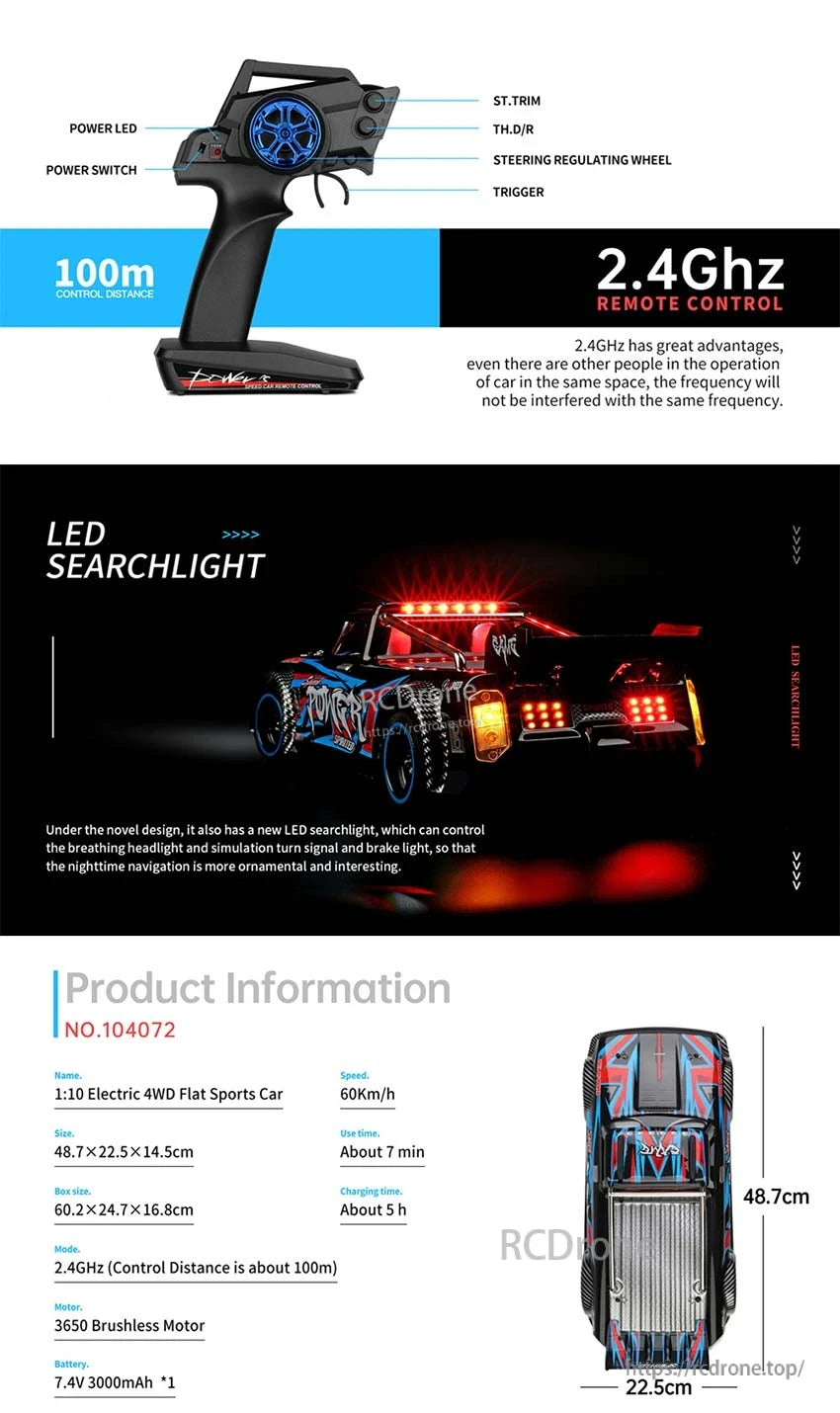 Wltoys 104072 1/10 4WD RC Drift Car, Wltoys 1/10 4WD RC drift car features 2.4GHz control, 60km/h speed, LED light, 3650 motor, 7.4V battery, 7-minute runtime, 48.7×22.5×14.5cm size.