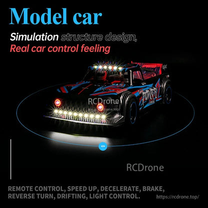 Wltoys 104072 1/10 4WD RC Drift Car, High-speed 4WD drift car with metal chassis, LED lights, remote control, speed adjustment, braking, reverse, drifting, and light control. Real control feeling.