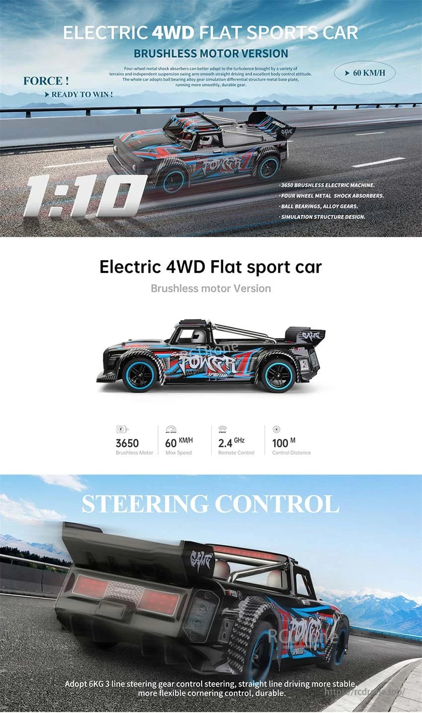 Wltoys 104072 1/10 4WD RC Drift Car, Electric 4WD flat sports car with brushless motor, 1:10 scale, 3650 motor, 60 km/h speed, 2.4 GHz remote, metal shocks, ball bearings, alloy gears, and 6KG steering.