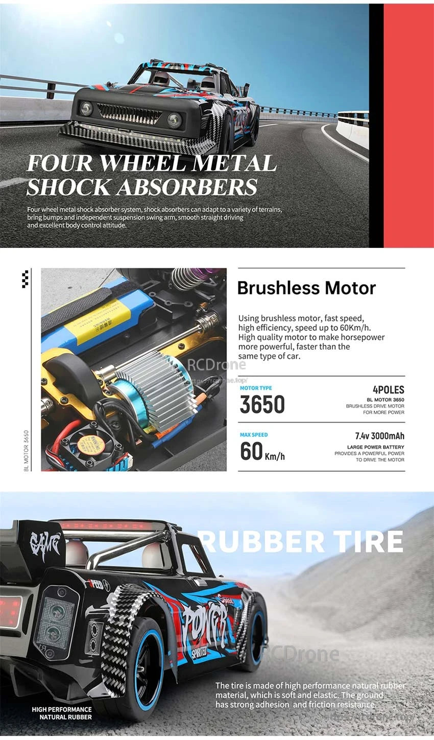 Wltoys 104072 1/10 4WD RC Drift Car, Four-wheel shock absorbers, brushless motor, and natural rubber tires ensure smooth, fast driving with strong grip.