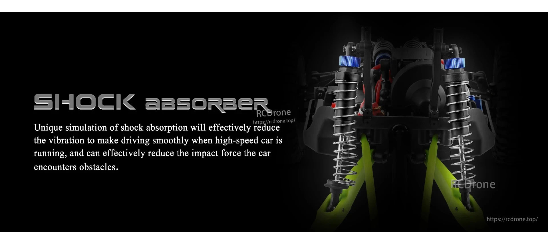 WLtoys 10428 RC Crawler, Shock absorber reduces vibration and impact for smooth high-speed driving on rough terrain.