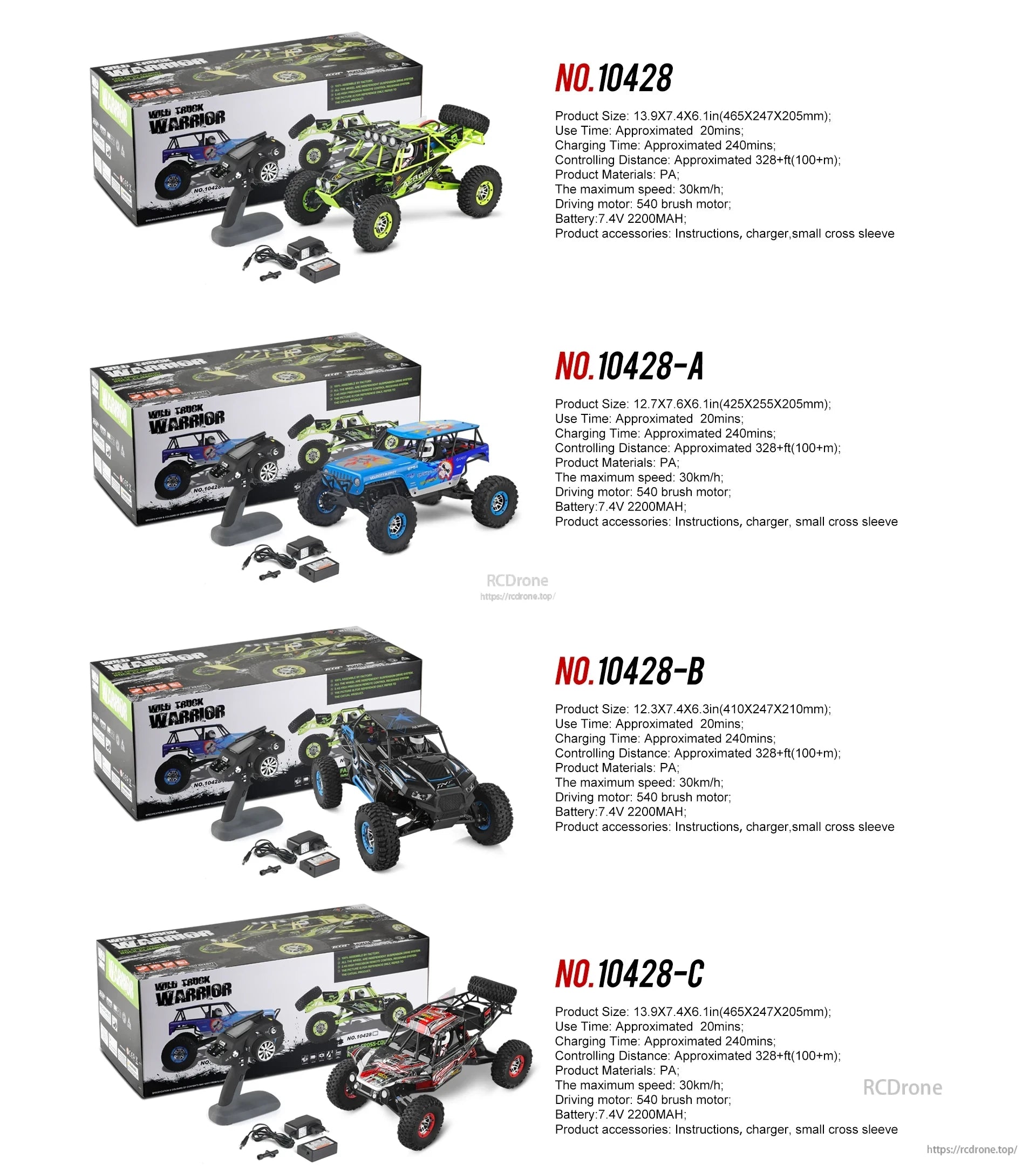 The WLtoys 10428 RC Crawler series features four models with a 7.4V 2200mAh battery, 540 brush motor, 30km/h speed, 20-minute runtime, and 100+ meter range. Includes remote, charger, and accessories.