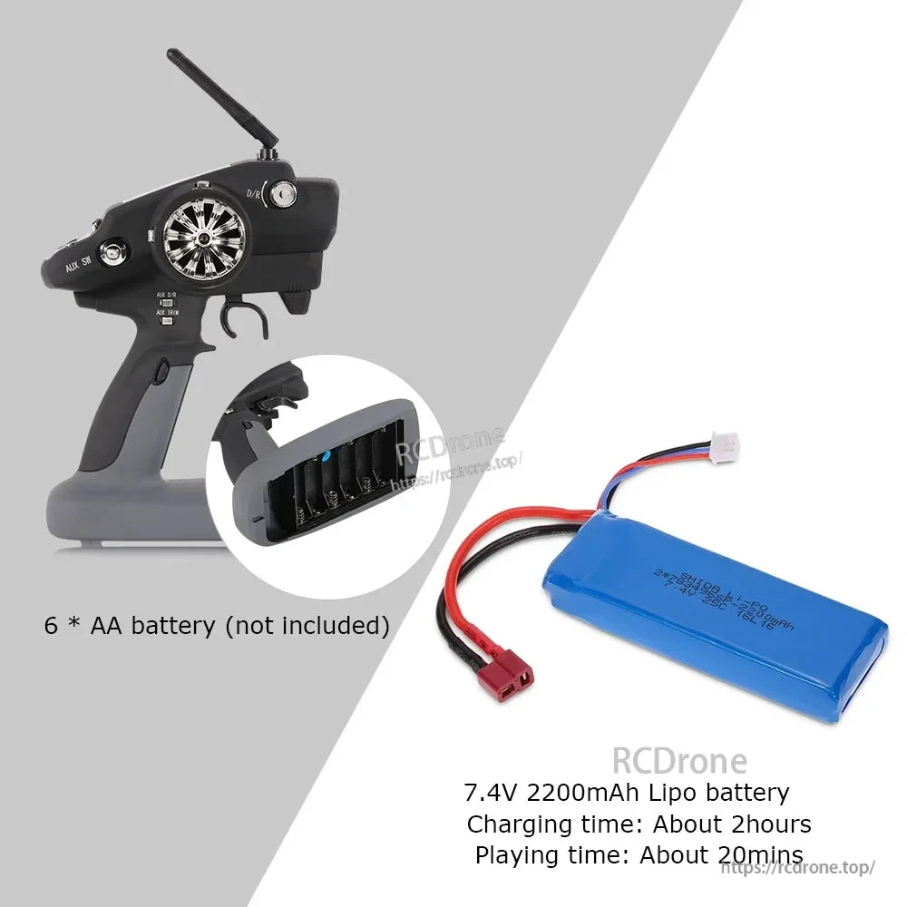 WLtoys 10428 RC Crawler, The RC controller requires 6 AA batteries. It comes with a 7.4V 2200mAh LiPo battery that charges in 2 hours and provides 20 minutes of playtime.
