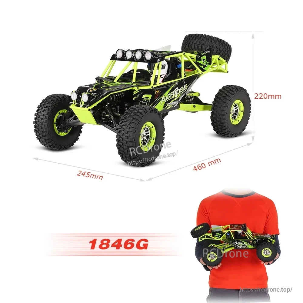 WLtoys 10428 RC Crawler, RC truck with brushed motor, up to 30km/h speed, and battery life of 15-20 minutes.