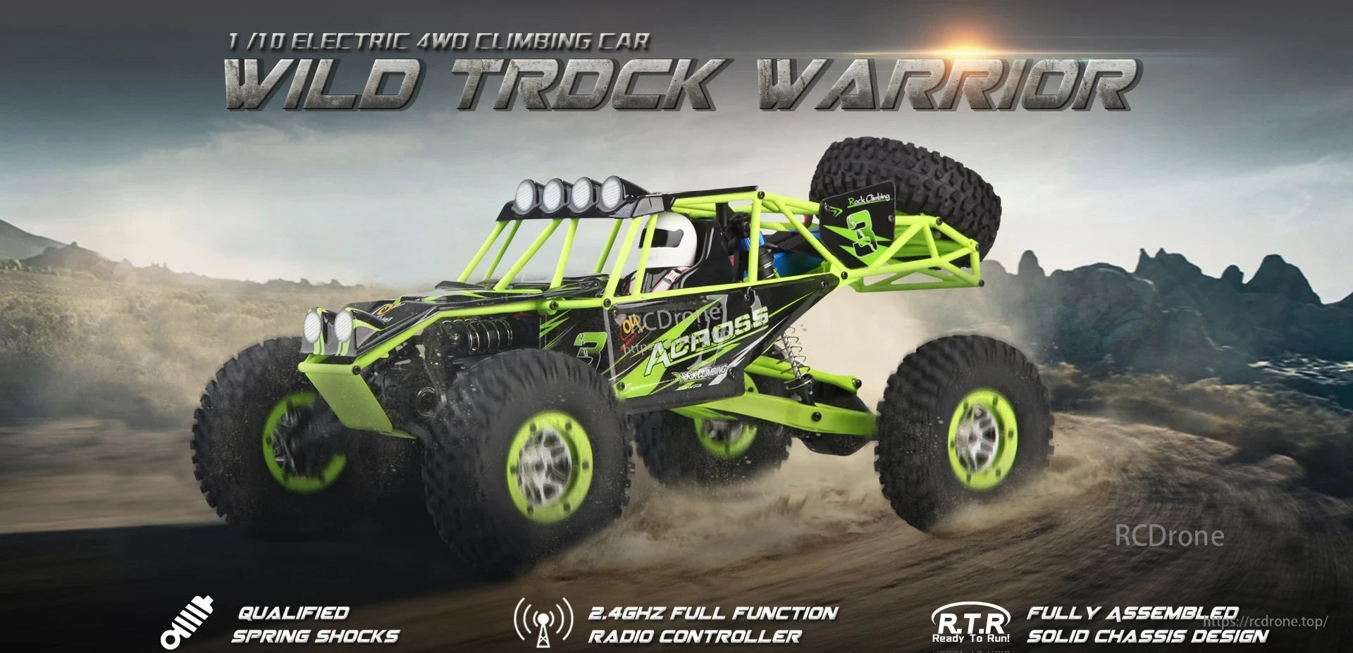 WLtoys 10428 RC Crawler, The 1/10 electric 4WD Wild Track Warrior climbing car features spring shocks, a 2.4GHz controller, and a ready-to-run chassis.
