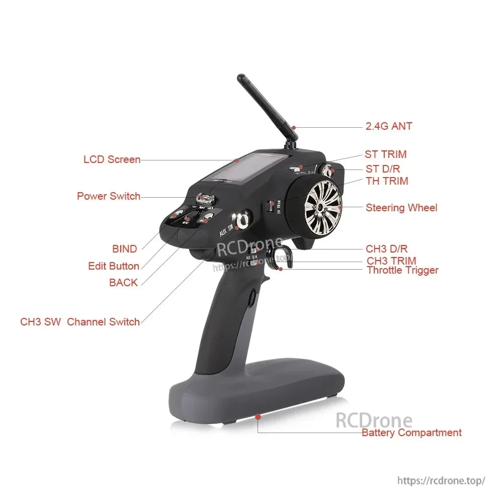 The WLtoys 10428 RC Crawler features an LCD screen, steering wheel, throttle trigger, trim controls, channel switch, and battery compartment.