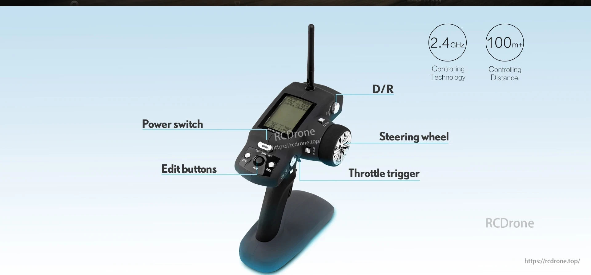 WLtoys 10428 RC Crawler, RC controller using 2.4GHz tech, over 100m range, includes power switch, edit buttons, steering wheel, throttle trigger, and D/R dial.