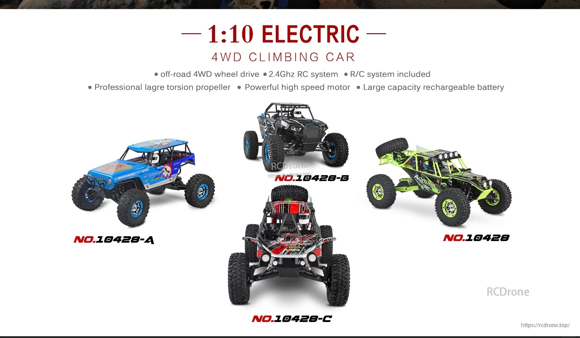 WLtoys 10428 RC Crawler, Electric 4WD RC car with 2.4GHz, high-speed motor, rechargeable battery, and torsion propeller. Models: 10428-A, 10428-B, 10428-C, 10428.