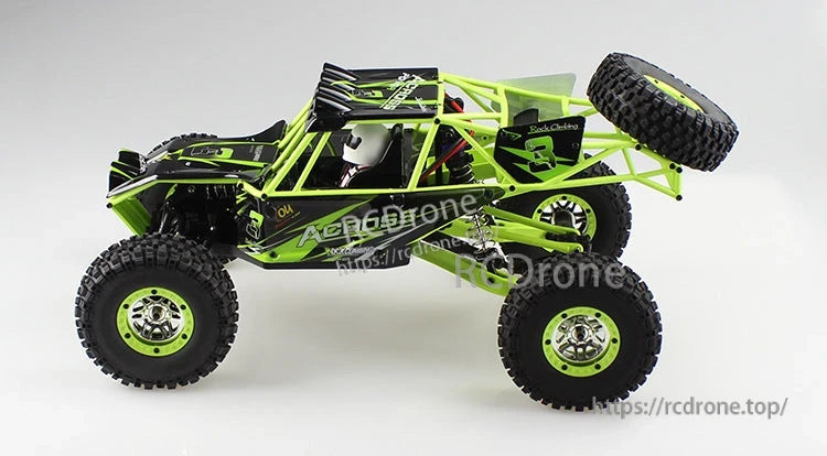 WLtoys 10428 is a 1/10 scale 4WD RC crawler with dual-speed, 30km/h speed, 2.4GHz, alloy gear, and 7.4V 2200mAh battery.