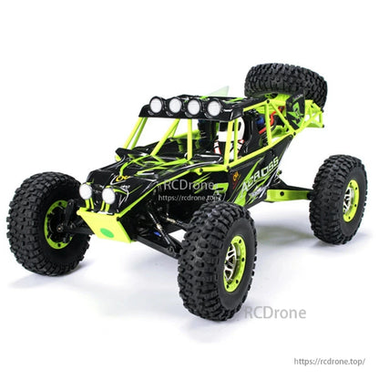 The WLtoys 10428 is a 1/10 scale 4WD RC crawler truck with a dual-speed gearbox, 2.4GHz radio, alloy gears, a 7.4V 2200mAh battery, and a black and neon green design. It can reach speeds of up to 30km/h.