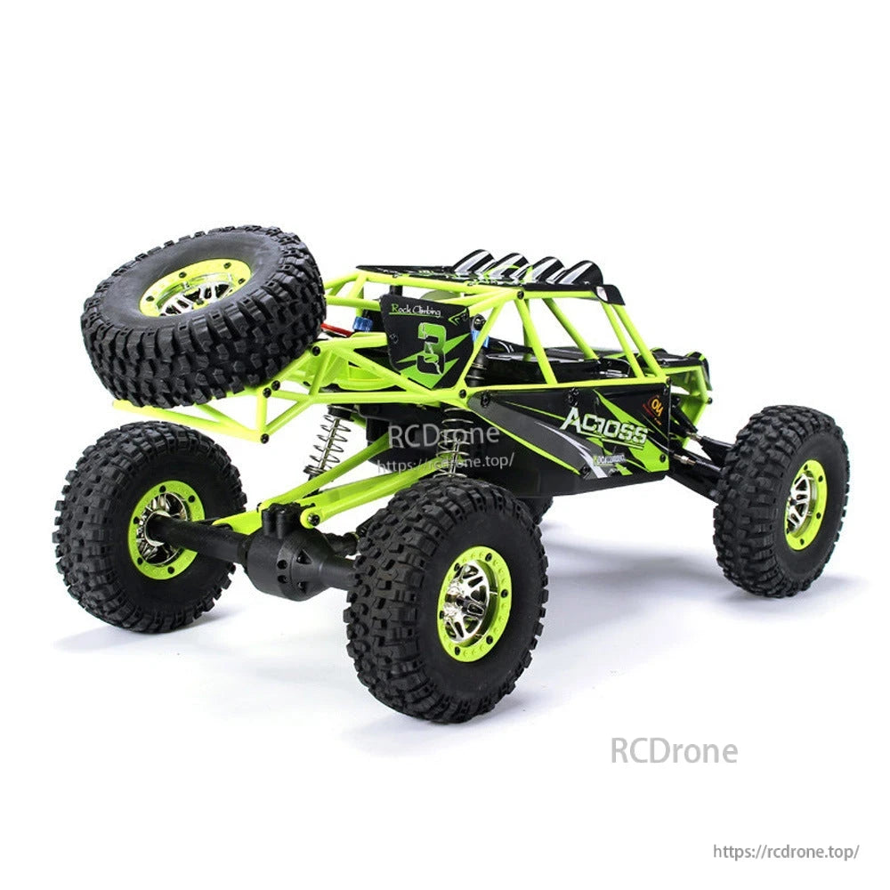 WLtoys 10428 1/10 scale 4WD RC crawler with dual-speed, 2.4GHz, alloy gear, 7.4V battery, rock climbing capabilities.