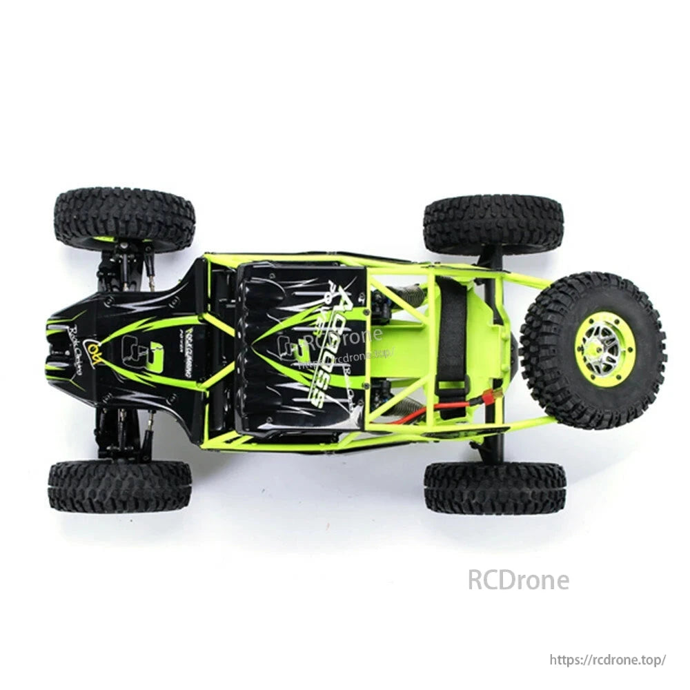 The WLtoys 10428 is a 1/10 scale 4WD RC crawler truck with a 30km/h speed, dual-speed gearbox, 2.4GHz radio, alloy gears, and a 7.4V 2200mAh battery.