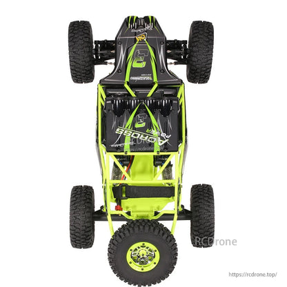 WLtoys 10428 RC crawler truck with 30km/h speed, 2.4GHz frequency, and 7.4V battery.