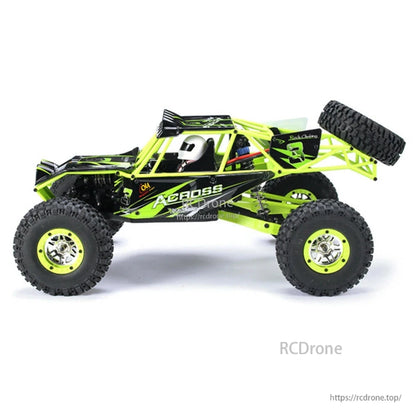 WLtoys 10428 RC crawler truck with 30km/h speed, 2.4GHz frequency, and alloy gears.