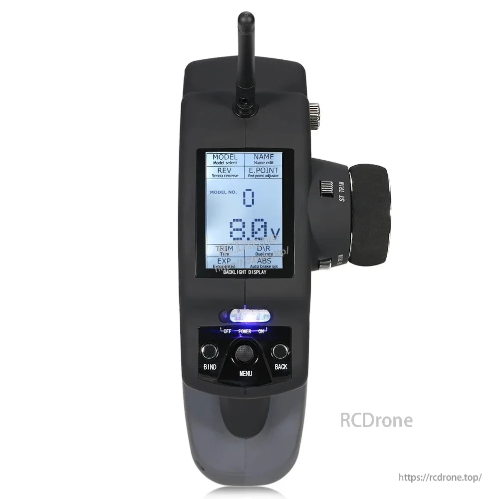 The WLtoys 10428 RC Crawler remote features an LCD display showing model, voltage, and settings, with trim, dual rate, exponential, and auto brake controls.