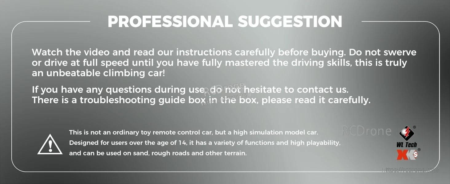 WLtoys 124006 1/12 Rc Car, Watch video and instructions before use. Practice driving first. For ages 14+. Use on sand or rough roads. High-speed only after practice. Includes troubleshooting guide. WL Tech X6.