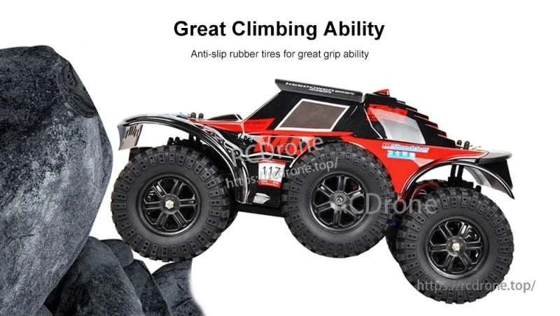 WLtoys 124012 RC car features anti-slip tires, strong climbing ability, and a red and black design.