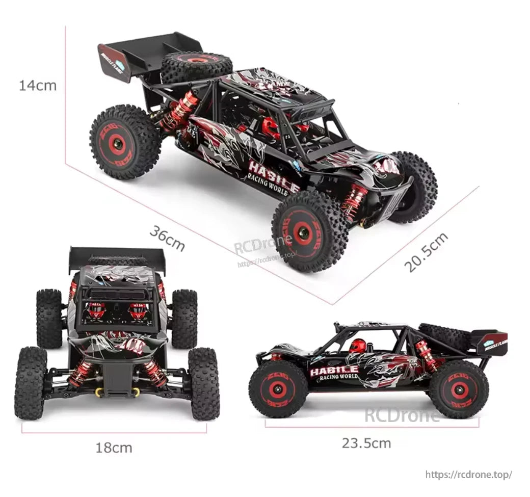 Wltoys 124016 RC Car, The Wltoys 124016 is a 1/12 scale 4WD brushless RC buggy with a metal chassis, oil shocks, reaching 75km/h, designed for off-road racing in black with red accents.