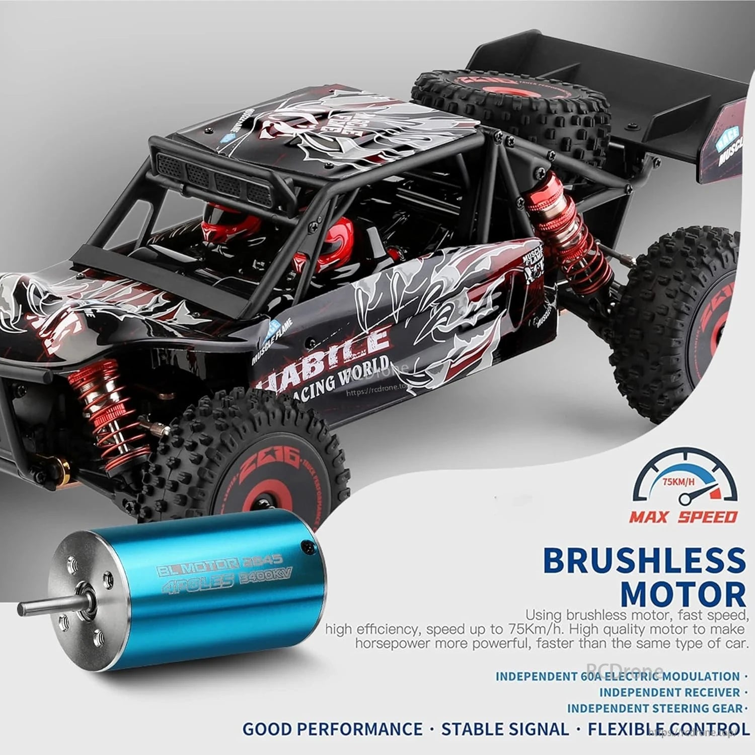 The Wltoys 124016 RC car features a brushless motor, 75km/h max speed, 60A electric modulation, independent receiver, and steering gear for stable signal and flexible control.