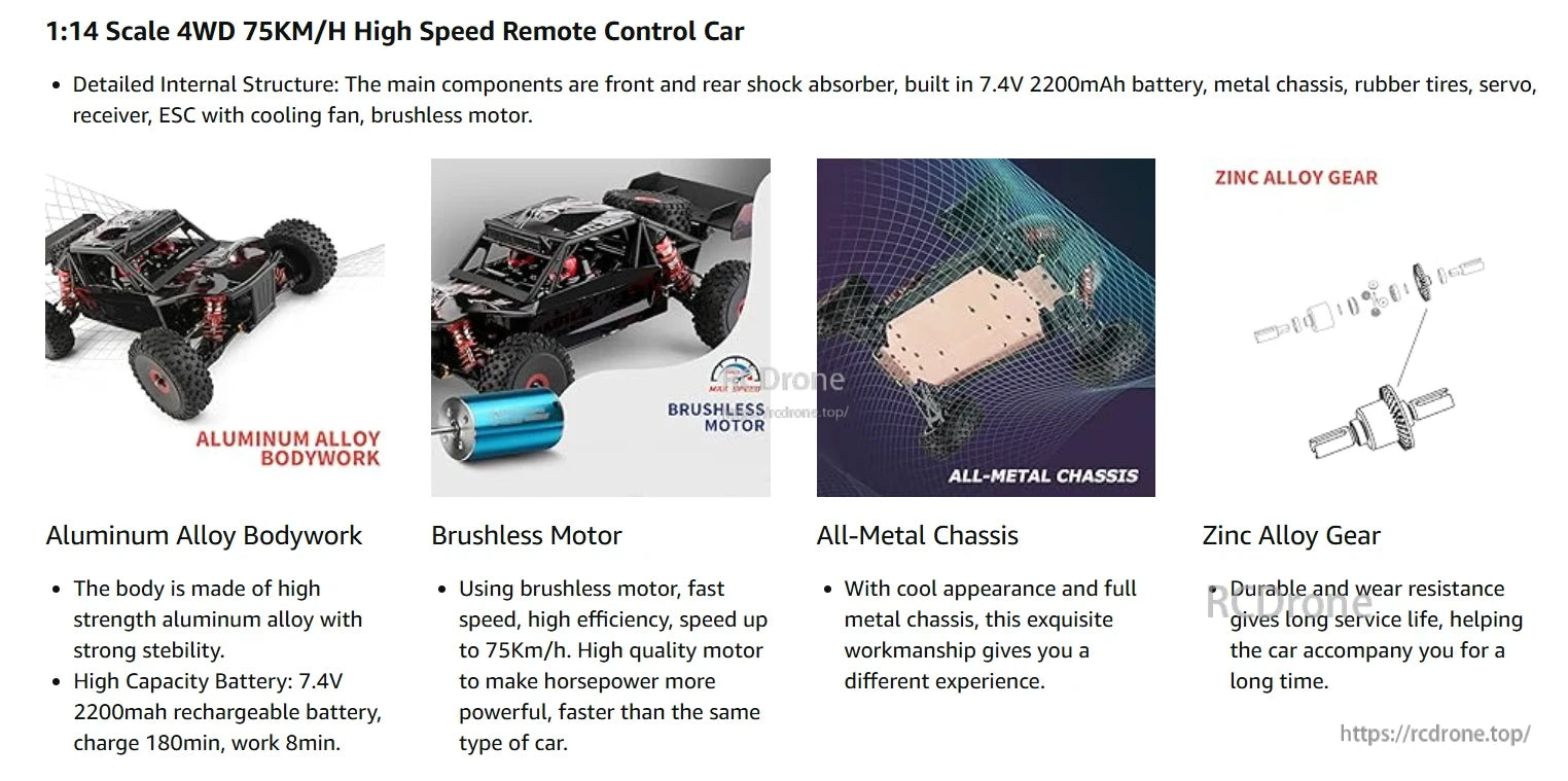 Wltoys 124016 RC Car, 1:14 scale 4WD RC car with 75km/h speed, aluminum body, brushless motor, metal chassis, zinc gears, 7.4V battery, and high durability.