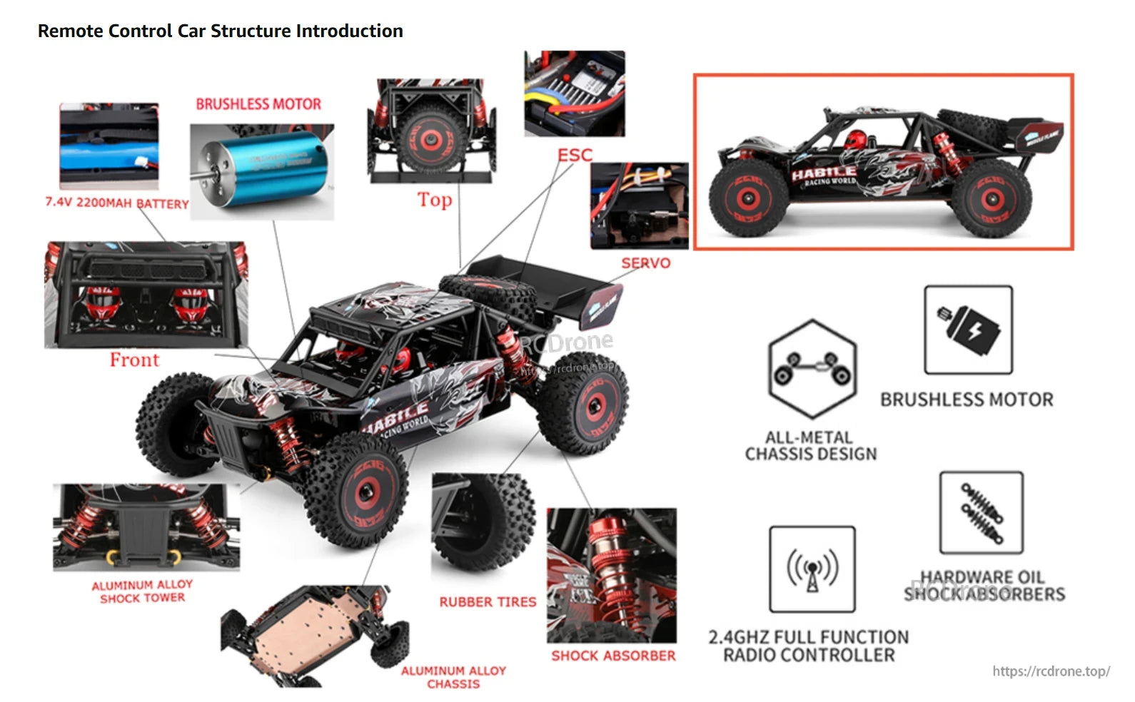 Wltoys 124016 RC Car, Remote control car featuring a brushless motor, 7.4V 2200mAh battery, ESC, servo, all-metal chassis, aluminum shock tower, rubber tires, oil shocks, and a 2.4GHz controller.